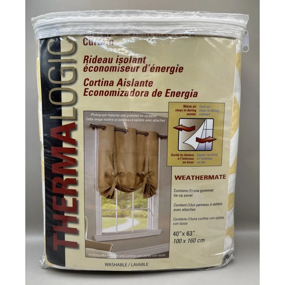 One ThermaLogic Weathermate Insulated Tie Up Curtain Panels 40 x 63 Yellow White